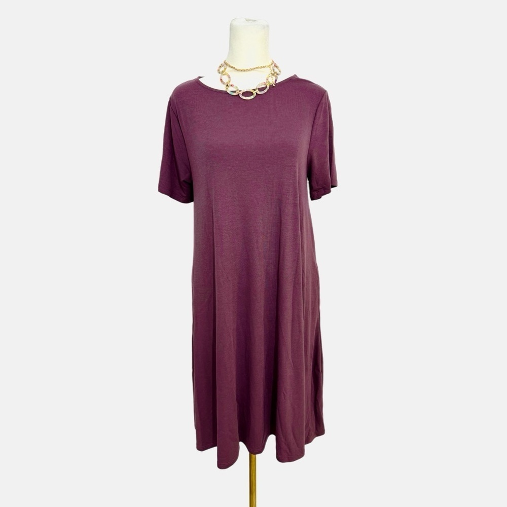 New Zenana Casual Travelers Dress Women's Size L Flare Short Sleeve Eggplant - Picture 4 of 9